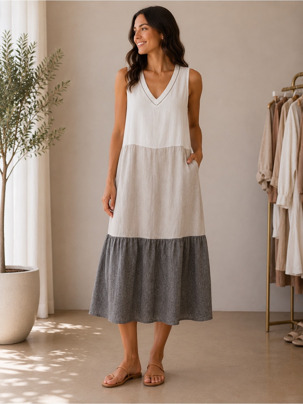 Joie Colorblock V-Neck Tiered Maxi Dress in White, Beige, and Charcoal